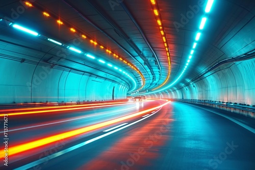 Car light trails in a tunnel. Concept of rapid rhythm of a modern city.