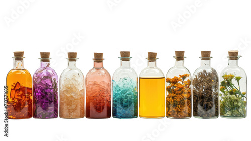 A collection of vibrant  cartoon-styled potion bottles in various colors and bubbling contents  corked and uncorked. Game design assets  transparent background