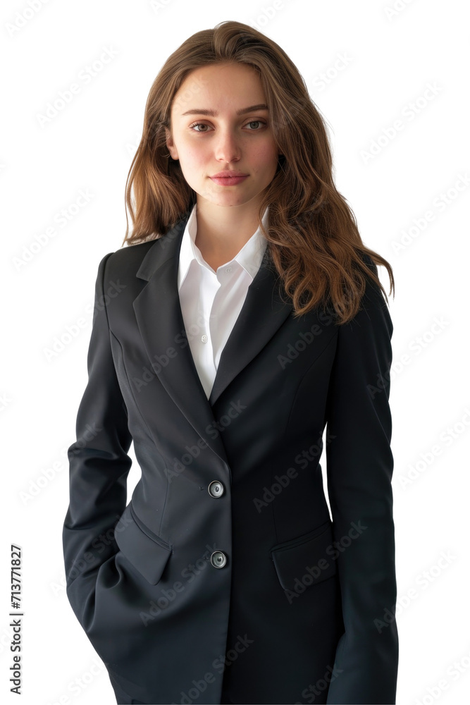 A professional woman stands confidently in a light gray suit, her hands clasped in front, corporate business style, dress code A professional woman stands confidently in a light gray suit, her hands clasped in front, corporate business style, dress code