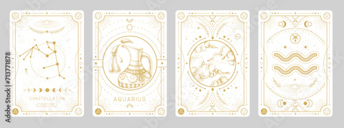 Set of Modern magic witchcraft cards with astrology Aquarius zodiac sign characteristic. Vector illustration photo