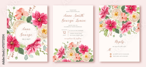 wedding invitation set with pretty floral watercolor photo