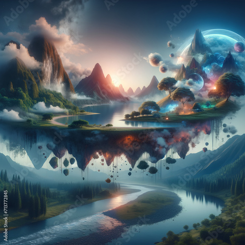 Enchanting Northern Landscape with Moon, Stars, Sunsets, Aurora, and a Touch of Extraterrestrial Magic over a Serene Seascape