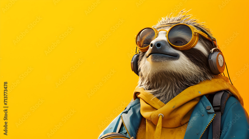 Fototapeta premium Chill Sloth with Sunglasses on Yellow Background