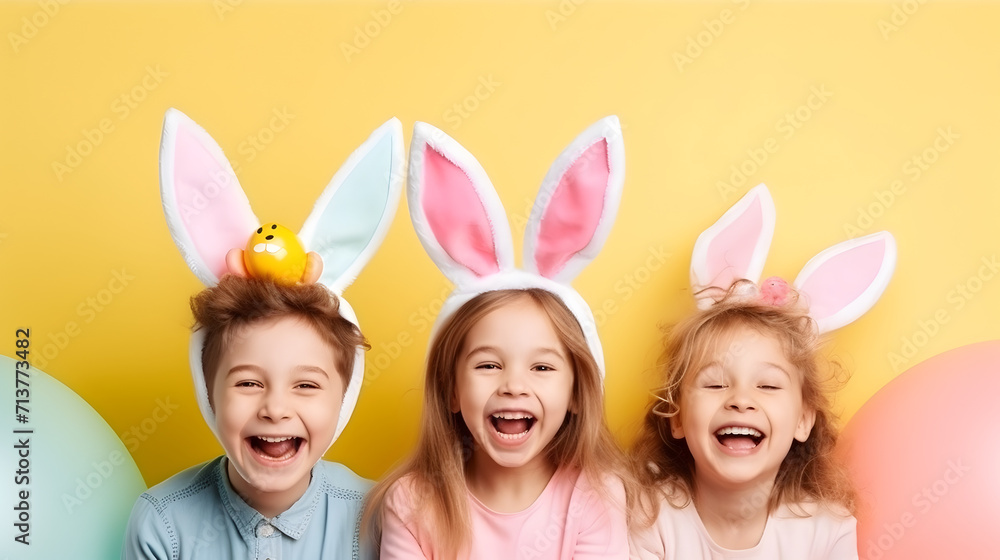 Happy children in bunny ears celebrating easter Happy children in bunny ears celebrating easter