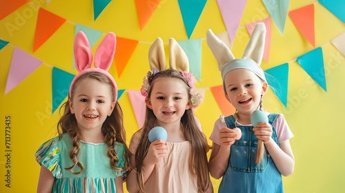 Happy girls in bunny ears celebrating easter