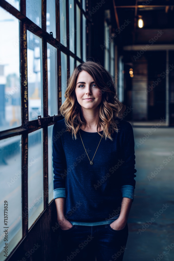 Young woman in casual attire with a contemplative look Young woman in casual attire with a contemplative look