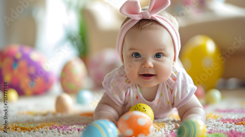 Happy baby and colorful easter eggs