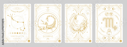 Set of Modern magic witchcraft cards with astrology Scorpio zodiac sign characteristic. Vector illustration