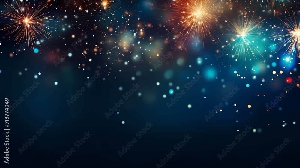Happy New Year, burning fireworks with bokeh light background
