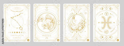Set of Modern magic witchcraft cards with astrology Pisces zodiac sign characteristic. Vector illustration