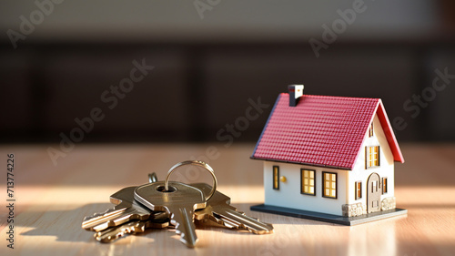Saving money buying house concept, small house model on coins with piggy bank photo