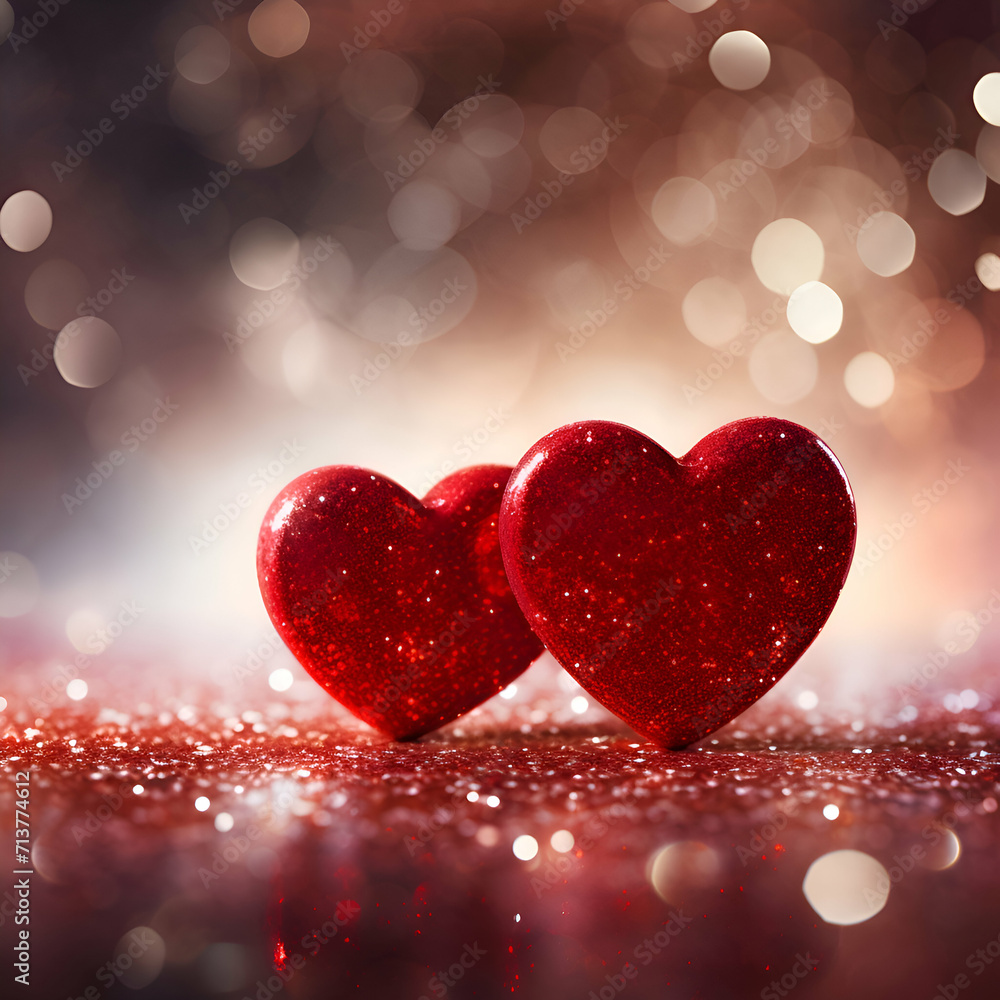 Two red hearts on bokeh background. Valentines day card