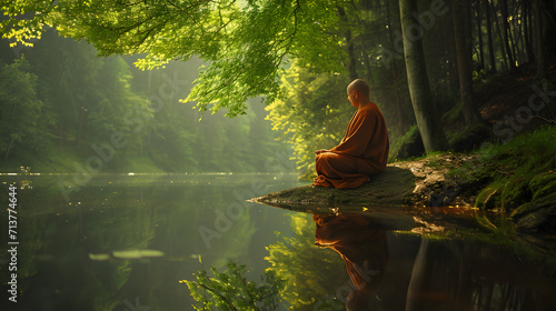 Buddhist monk in meditation beside a lake in the jungle