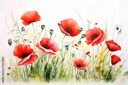 Watercolor poppies flowers on white background. Hand painted illustration