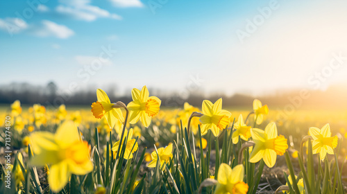 A beautiful spring garden in soft sunlight with spring yellow Daffodils ai generative