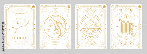 Set of Modern magic witchcraft cards with astrology Virgo zodiac sign characteristic. Vector illustration