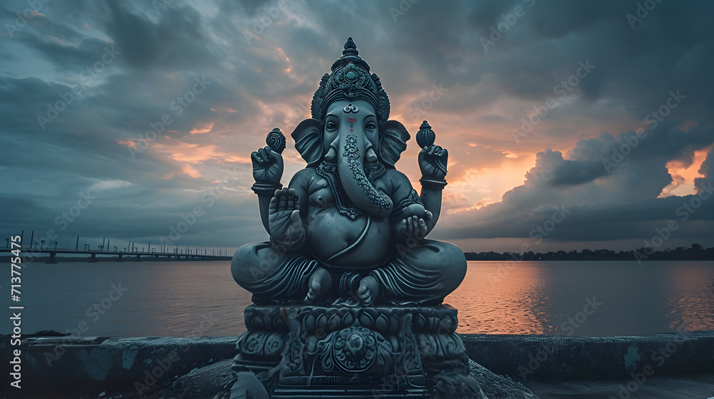 Lord ganesha sculpture at beautiful sunset. Goddess ganesh festival. - obrazy, fototapety, plakaty 