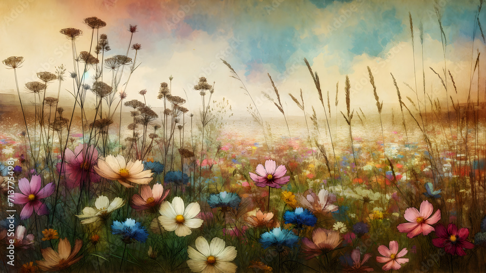Vintage Landscape with Spring Sumer Season, Flower Nature's Symphony in Seasons to capture its essence of blending different seasonal elements and the beauty of nature