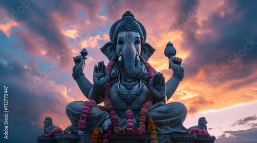 Lord ganesha sculpture at beautiful sunset. Goddess ganesh festival.