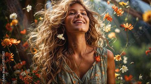 Windswept Symphony: Floral Whirlwind Embraces, a Wild Muse Dances in a Symphony of Blooms. Sunlight Threads: Golden Brushstrokes Weave Flight, a Woman Lost in a Kaleidoscope of Petals.