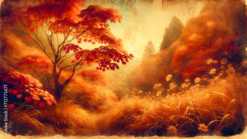 Vintage Landscape with Autumn Season, Maple leaf Nature's Symphony in Seasons to capture its essence of blending different seasonal elements and the beauty of nature © apisit