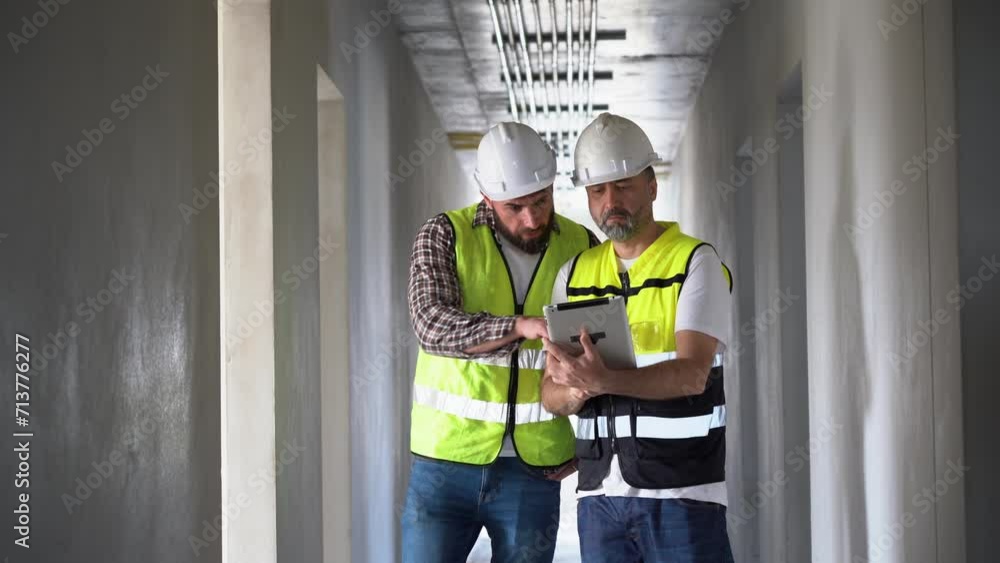 team of Construction workers Senior architect or civil engineer and foreman walking and discussion to inspection structure interior apartment with tablet at construction site. indoors building project