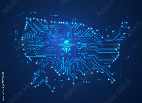 concept of technology industries in USA, graphic of united states map combined with circuit pattern