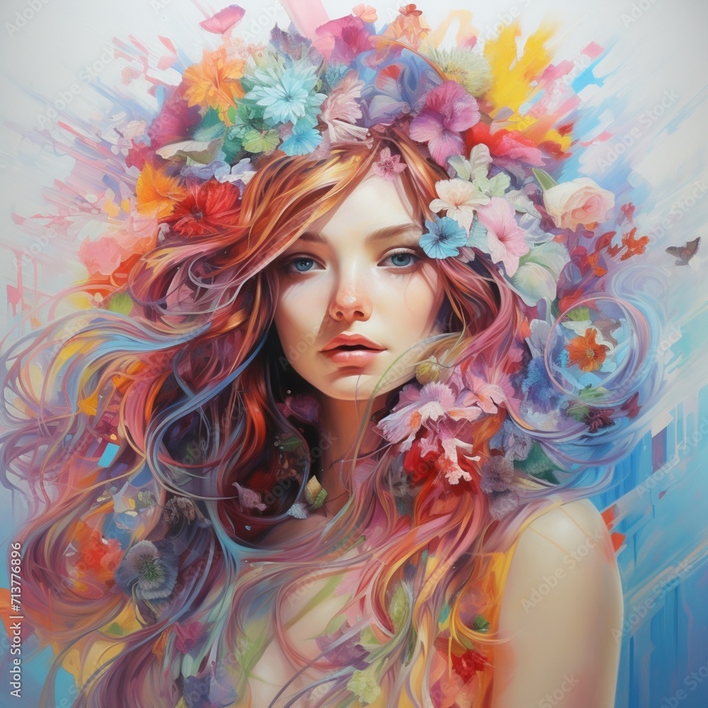 Nice girl colored flower head images Generative AI Nice girl colored flower head images Generative AI