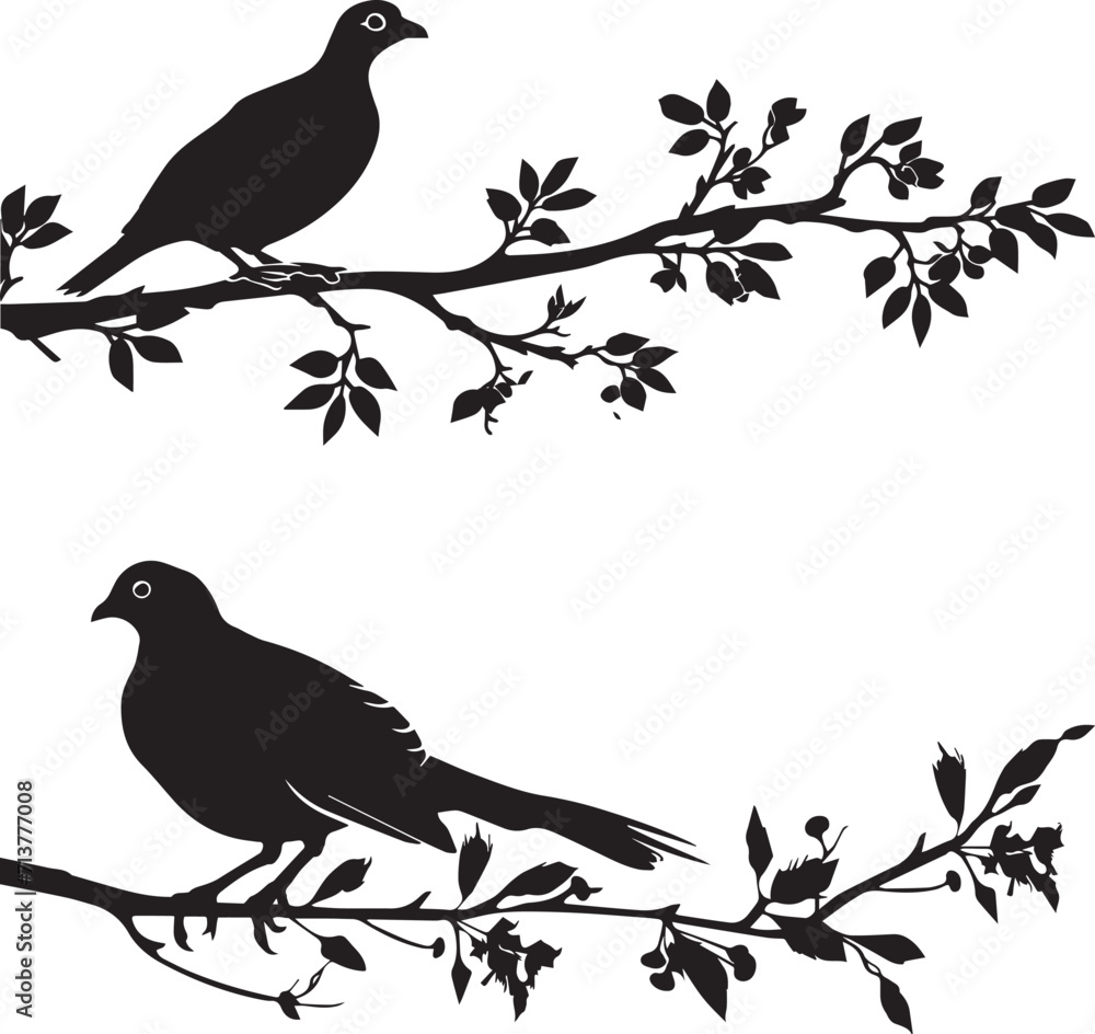 Quail on branch black silhouette on white background Quail on branch black silhouette on white background