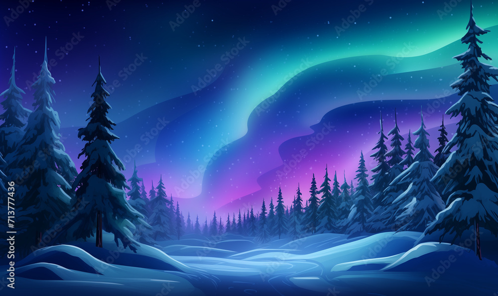 Winter night landscape, northern lights, aurora borealis, snow drifts, mountain pine tree forest. New year and Christmas background with copy space. Christmas colorful landscape illustration.