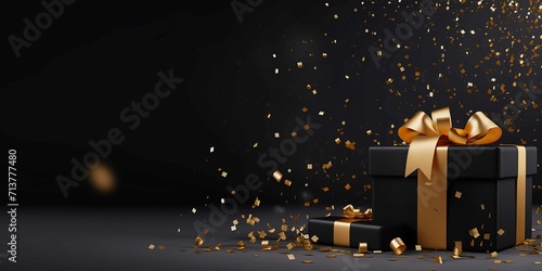 Black gift box, with golden bow, on solid gray background, confetti around