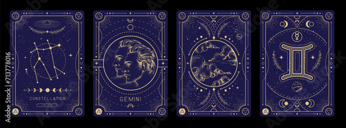 Set of Modern magic witchcraft cards with astrology Gemini zodiac sign characteristic. Vector illustration