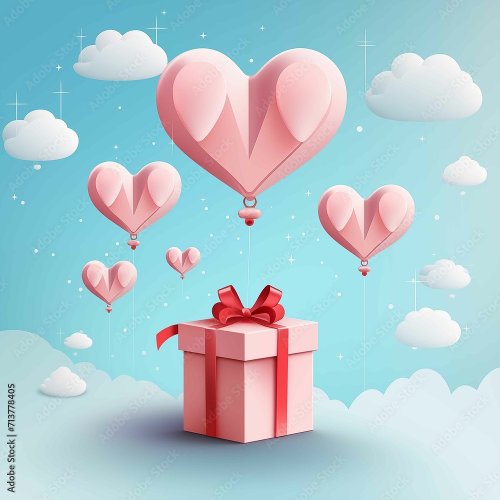 Heart-shaped paper balloons over gift box with red ribbon Heart-shaped paper balloons over gift box with red ribbon