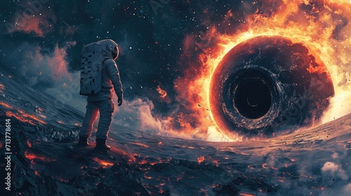 Furistic landscape with astronauts with a big black hole concept, Generative AI.