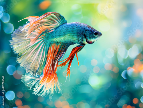 A captivating Betta fish with teal body and orange-tipped fins glides gracefully in water, with a soft bokeh background highlighting its elegance. 