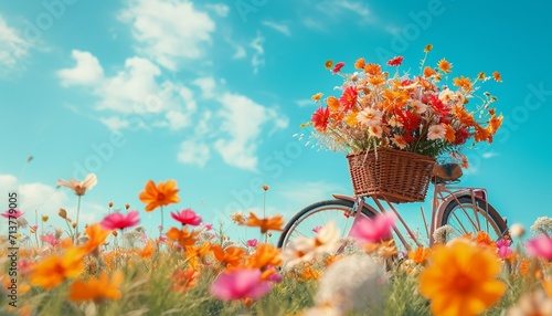 A whimsical scene of a bicycle with a basket overflowing with vibrant flowers, set against a backdrop of a clear blue sky, captured in flawless photo