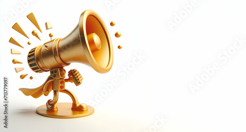 Gold colored megaphone speaker, view from different angles, isolated on white background ai generative
