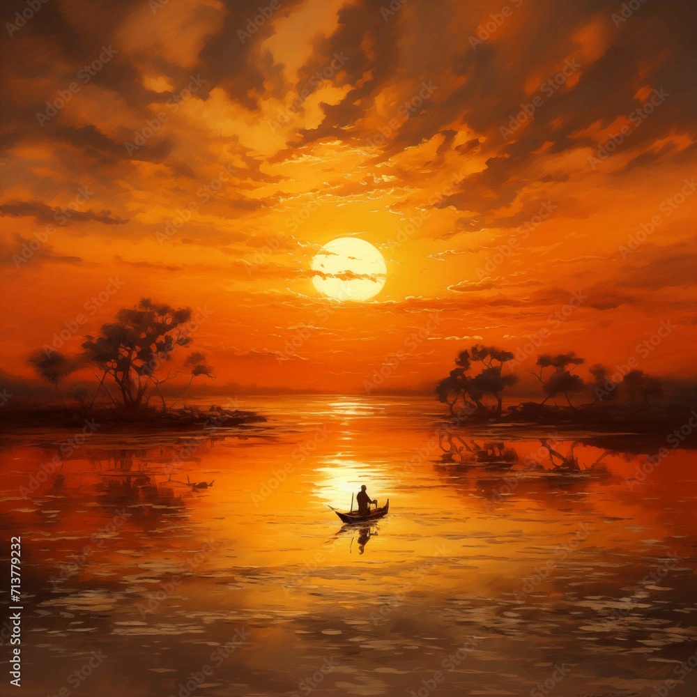 Serene sunset sailing boat calm waters