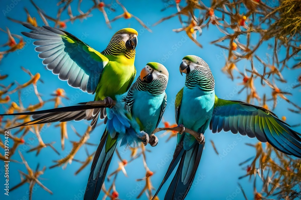 Obraz premium A pair of playful parakeets engaged in a mid-air acrobatic display, their vibrant feathers creating a kaleidoscope of colors against a clear blue sky.