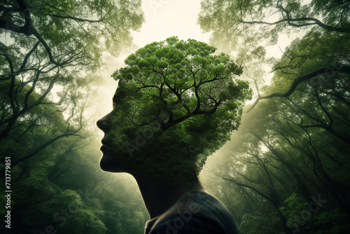 Nature, human connection with nature, environment concept. Human face silhouette made from greenery in forest background with copy space. Abstract minimalist illustration #713779851