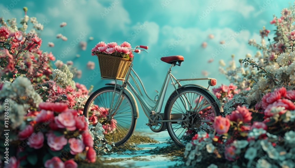 An enchanting composition of a bicycle with a flower basket, positioned against a vibrant floral backdrop, creating a harmonious image in brilliant