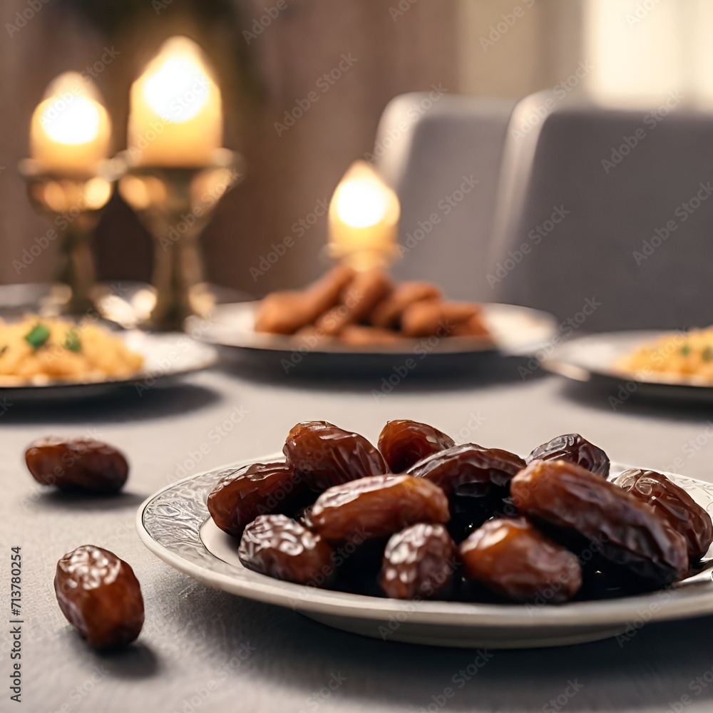 A Close-Up Photo of Dates on a Table for a Family Iftar Meal with Shallow Focus A Close-Up Photo of Dates on a Table for a Family Iftar Meal with Shallow Focus