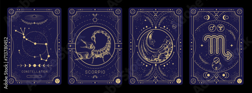 Set of Modern magic witchcraft cards with astrology Scorpio zodiac sign characteristic. Vector illustration
