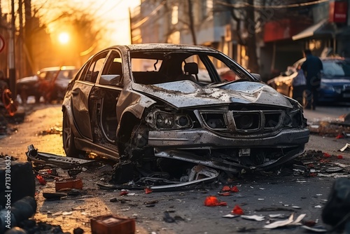 Sunset Aftermath: Wrecked Car in Urban Street