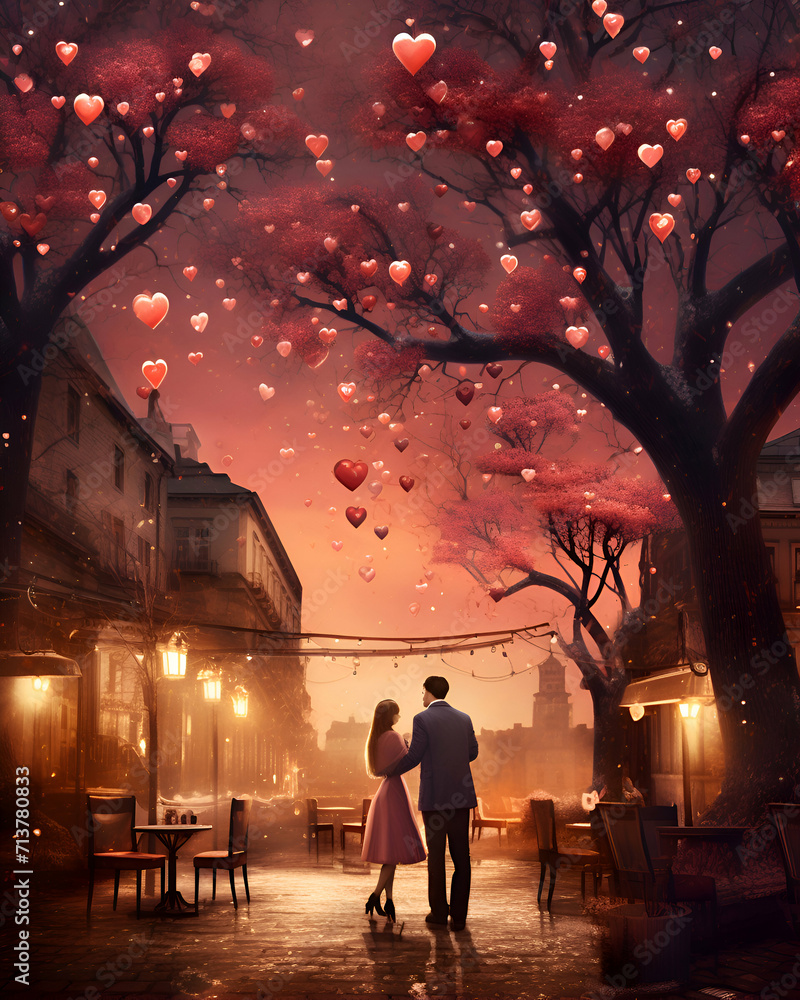 Romantic couple in love walking in the old city street with red hearts Romantic couple in love walking in the old city street with red hearts