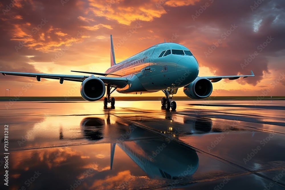Stunning Sunset Airplane on Wet Tarmac Reflective View Stunning Sunset Airplane on Wet Tarmac Reflective View
