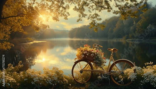 An idyllic scene of a bicycle with a flower-filled basket, parked by a tranquil lake, reflecting the beauty of nature in high-resolution