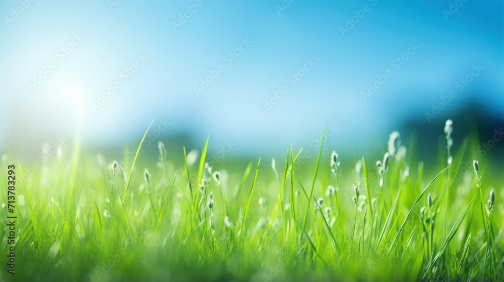 Green grass field and blue sky create a summer landscape background with a blurred effect. Green grass field and blue sky create a summer landscape background with a blurred effect.