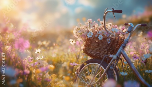 A dreamy composition featuring a bicycle and a basket filled with wildflowers, the soft focus adding a touch of romance to this enchanting photo