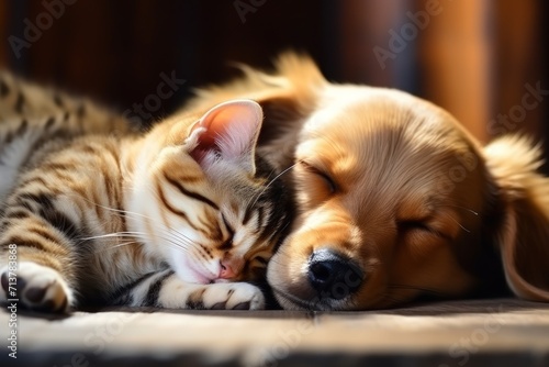 A cat and a dog peacefully slumber together.